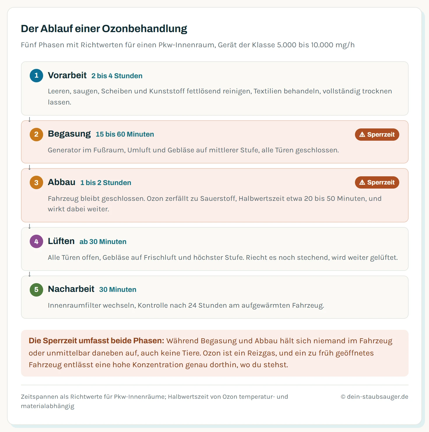 Ablauf einer Ozonbehandlung im Auto in fünf Phasen mit Zeitangaben. Phase eins, Vorarbeit, zwei bis vier Stunden: Innenraum leeren, saugen, Scheiben und Kunststoff fettlösend reinigen, Textilflächen behandeln, Fahrzeug vollständig trocknen. Phase zwei, Begasung, 15 bis 60 Minuten: Generator im Fußraum, Umluft und Gebläse an, alle Türen zu, niemand im Umfeld. Phase drei, Abbau, ein bis zwei Stunden: Fahrzeug bleibt geschlossen, das Ozon zerfällt mit einer Halbwertszeit von etwa 20 bis 50 Minuten zu Sauerstoff. Phase vier, Lüften, mindestens 30 Minuten: alle Türen offen, Gebläse auf Frischluft und höchster Stufe. Phase fünf, Nacharbeit: Innenraumfilter wechseln und Geruchskontrolle nach 24 Stunden bei aufgewärmtem Fahrzeug. Die Phasen zwei und drei sind als Sperrzeit markiert, in der sich niemand im Fahrzeug aufhalten darf.