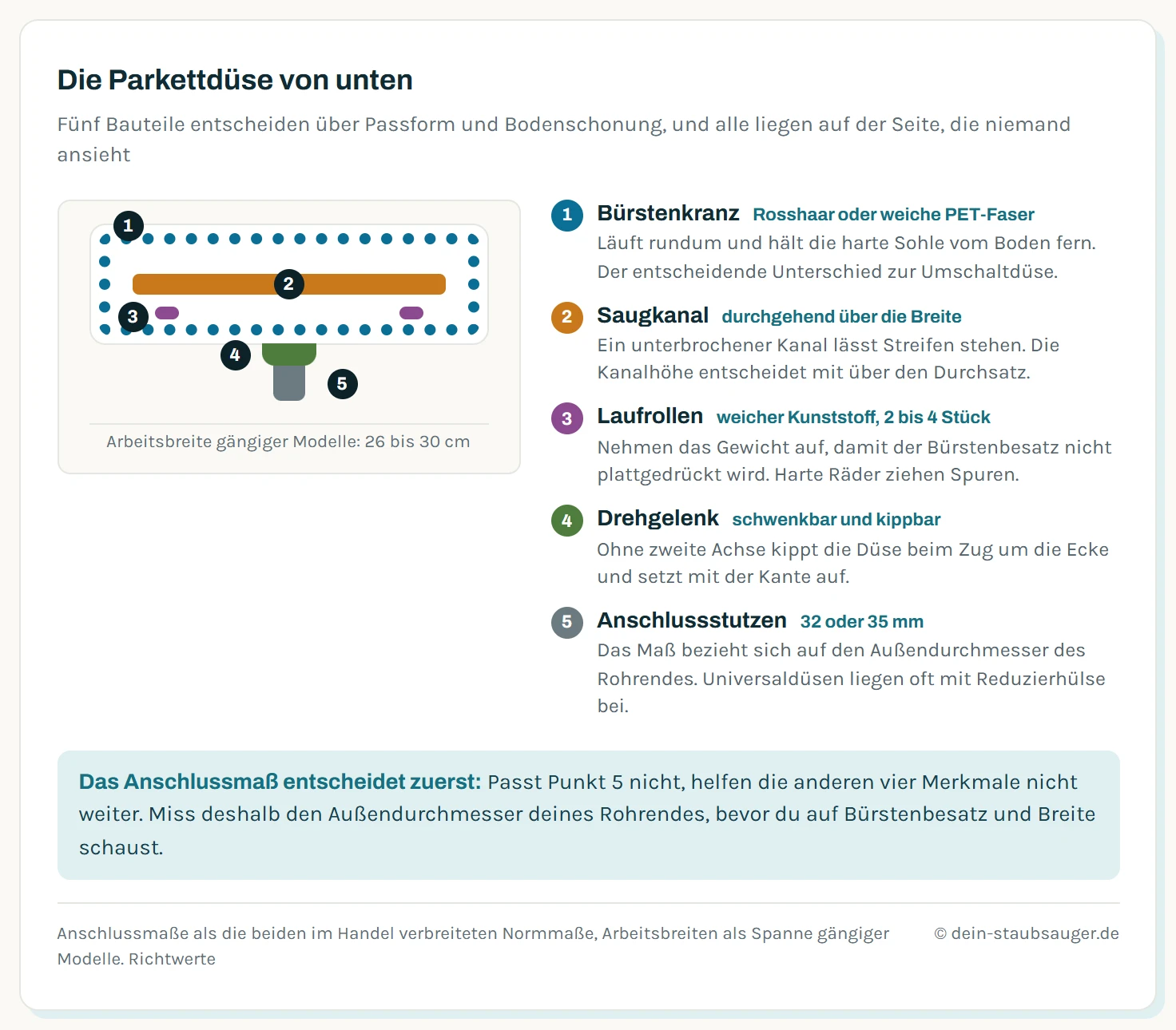 Schematische Ansicht einer Parkettdüse von unten mit fünf beschrifteten Bauteilen: umlaufender Bürstenkranz aus Rosshaar oder PET-Faser, durchgehender Saugkanal über die volle Breite, weiche Laufrollen im hinteren Bereich, schwenk- und kippbares Drehgelenk sowie der Anschlussstutzen mit 32 oder 35 Millimeter. Die Arbeitsbreite gängiger Modelle liegt bei 26 bis 30 Zentimetern.