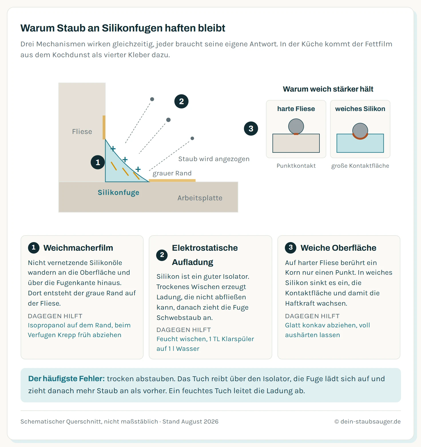 Querschnitt durch eine Silikonfuge zwischen Fliese und Arbeitsplatte mit drei Haftmechanismen für Staub: erstens ein Weichmacherfilm aus migrierenden Silikonölen an der Oberfläche und über die Fugenkante hinaus, zweitens elektrostatische Aufladung durch trockenes Wischen, die Schwebstaub aus der Luft anzieht, drittens die weiche und teils raue Oberfläche mit vergrößerter Kontaktfläche. Zu jedem Mechanismus die passende Gegenmaßnahme.