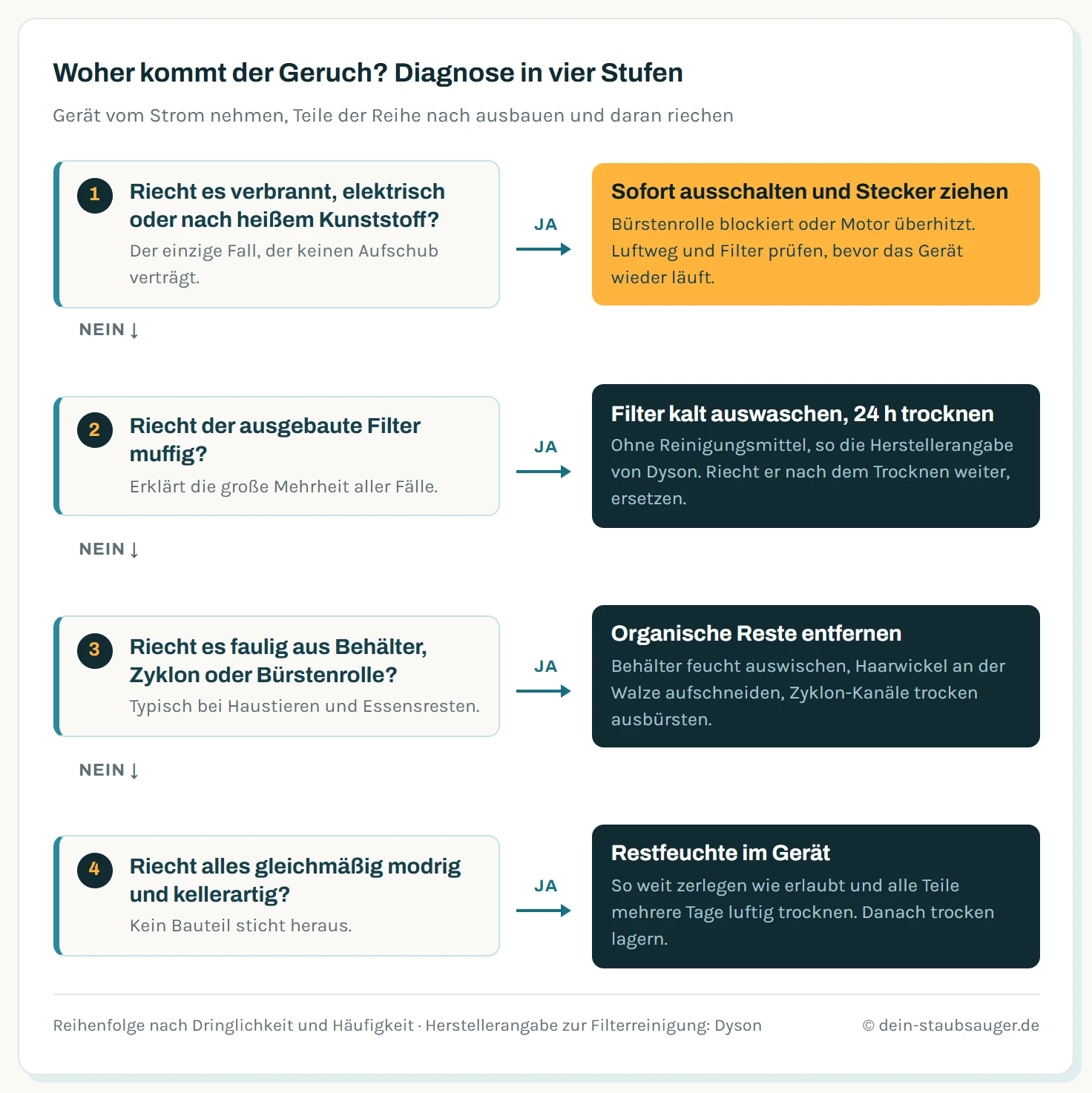 Entscheidungsbaum in vier Stufen zur Geruchsdiagnose am beutellosen Staubsauger: verbrannter Geruch bedeutet sofort ausschalten, muffiger Filtergeruch bedeutet waschen und 24 Stunden trocknen, fauliger Geruch aus Behälter oder Bürste bedeutet organische Reste entfernen, bleibt der Geruch, steckt Restfeuchte oder ein Rest im Schlauch.