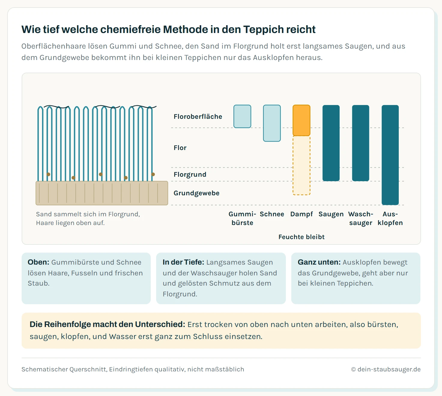 Schematischer Querschnitt durch einen Teppich mit Floroberfläche, Flor, Florgrund und Grundgewebe, daneben sechs Balken für die Eindringtiefe chemiefreier Methoden: Gummibürste nur Oberfläche, Schnee Oberfläche und oberer Flor, Dampf oben mit Feuchte, die bis ins Grundgewebe zieht, langsames Saugen und Waschsauger bis in den Florgrund, Ausklopfen durch alle Schichten bis ins Grundgewebe.